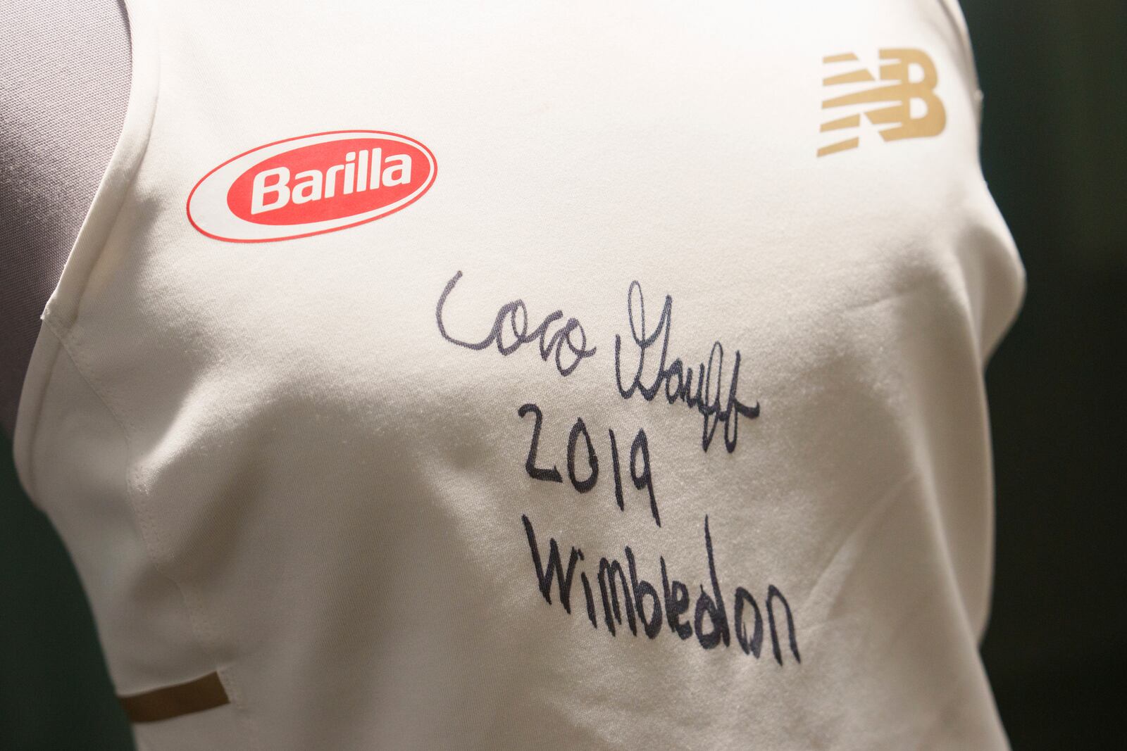 The 2019 dress worn by Coco Gauff on display in the No. 1 Court player walk-on entrance at the All England Lawn Tennis Club in Wimbledon, London, Wednesday July 2, 2025. (AELTC/Ben Queenborough via AP)