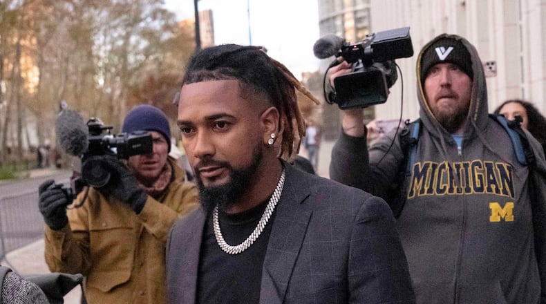 FILE - Cleveland Guardians baseball player Emmanuel Clase leaves Brooklyn federal court, Thursday, Nov. 13, 2025, in New York. (AP Photo/Yuki Iwamura, File)