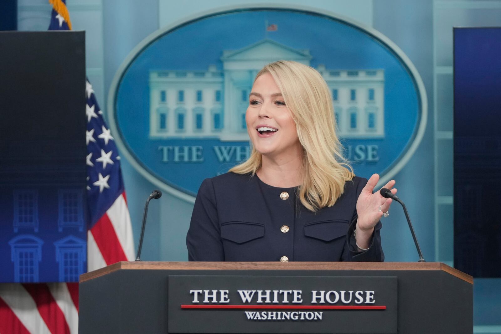 White House press secretary Karoline Leavitt speaks during a press briefing at the White House in Washington, Tuesday, April 22, 2025. (AP Photo/Mark Schiefelbein)