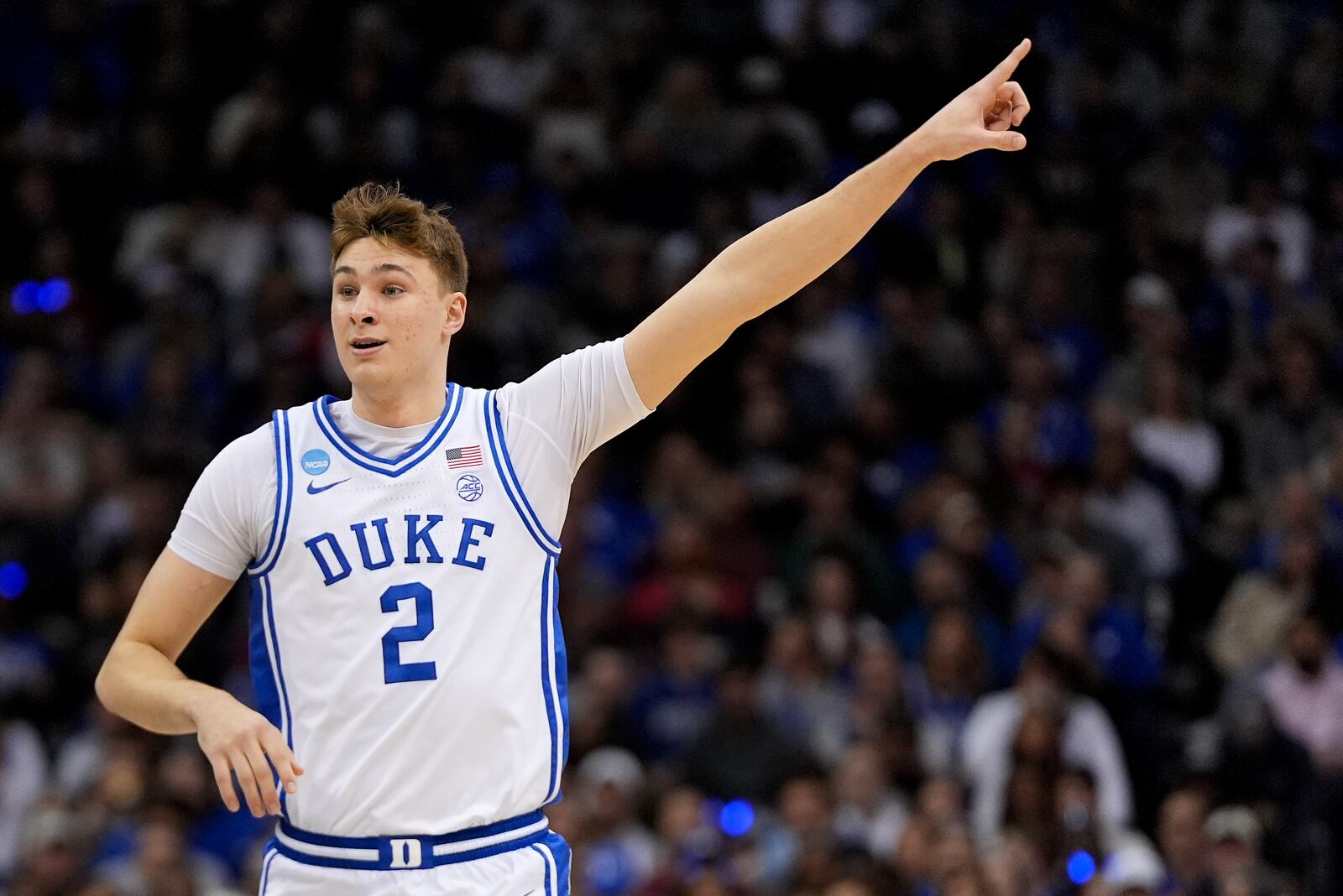 Duke forward Cooper Flagg (2) motions during the first half of an Elite Eight round NCAA college basketball tournament game against the Alabama, Saturday, March 29, 2025, in Newark, N.J. (AP Photo/Julia Demaree Nikhinson)