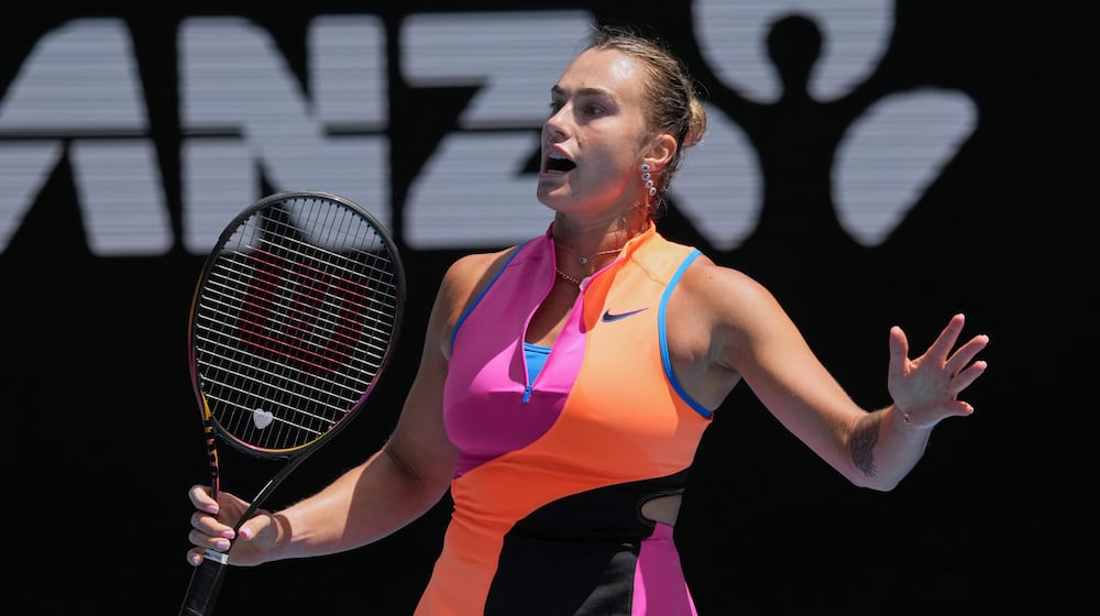 Aryna Sabalenka of Belarus reacts during her second round match against Bai Zhuoxuan of China at the Australian Open tennis championship in Melbourne, Australia, Wednesday, Jan. 21, 2026. (AP Photo/Dita Alangkara)