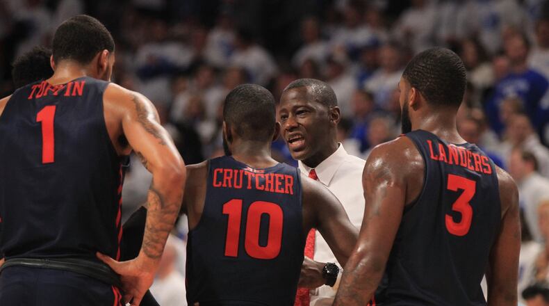 Dayton’s Anthony Grant talks to the team during a timeout against Saint Louis on Friday, Jan. 17, 2020, at Chaifetz Arena in St. Louis, Mo. David Jablonski/Staff