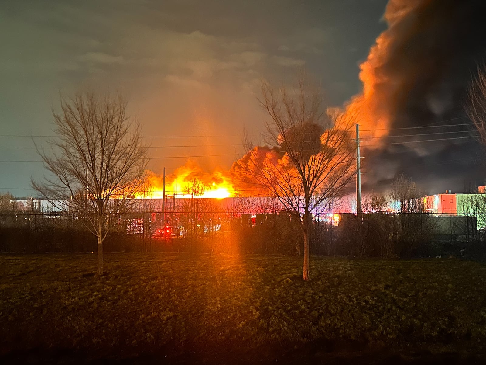 The flames from the Fuyao Glass America plant fire could be seen from miles away Sunday night. CONTRIBUTED