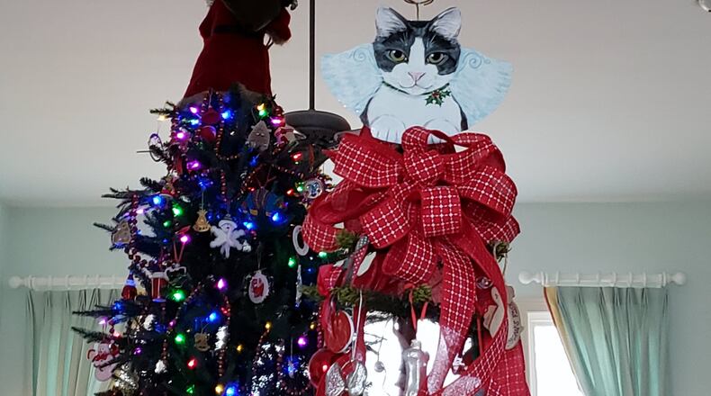 In honor of Pip’s tree climbing escapades the family had a tree topper painted. It’s atop of their rescue animal tree. The tree Pip climbs is in the background. KARIN SPICER