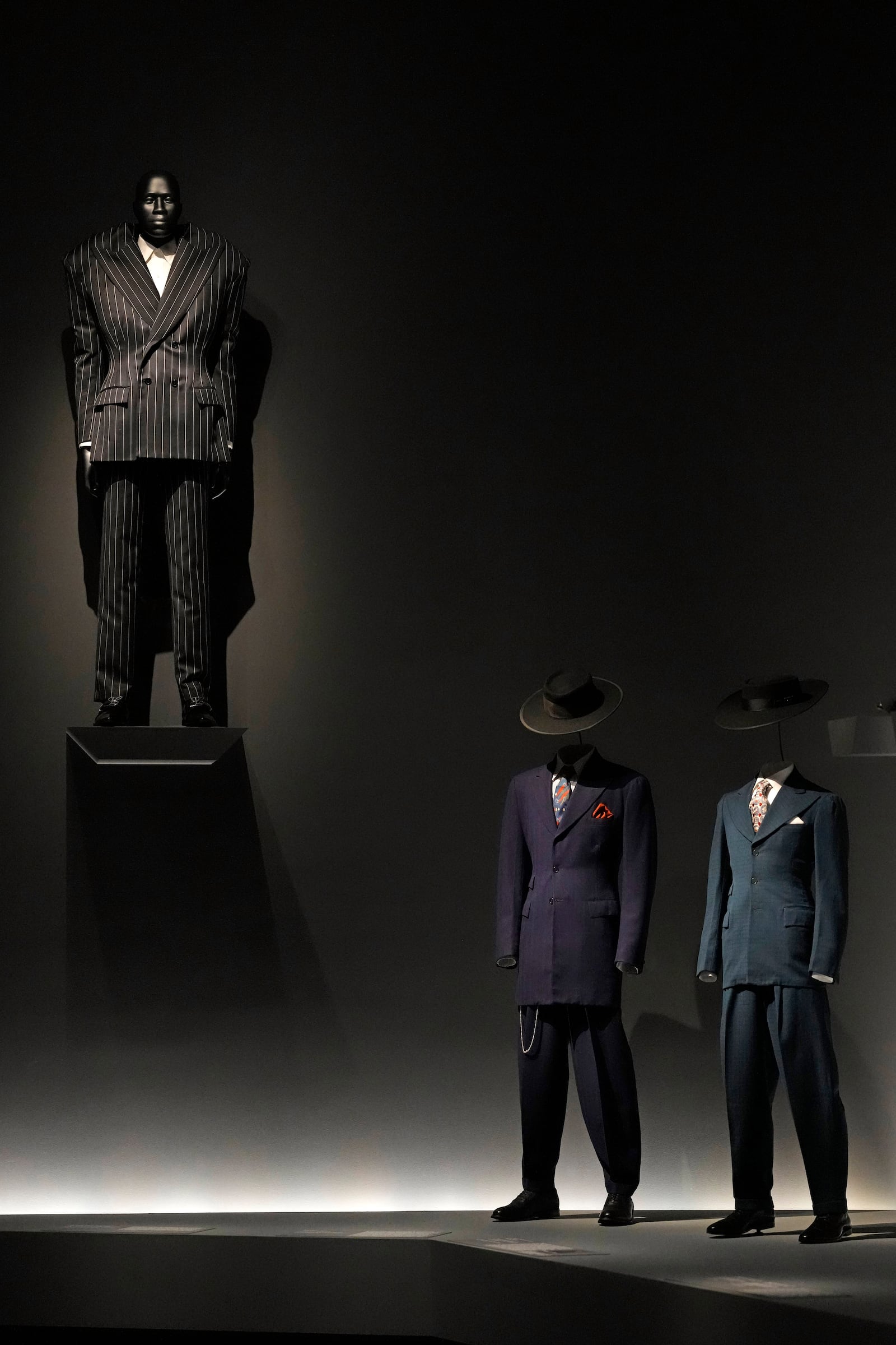 Designs are displayed at the Metropolitan Museum of Art's Costume Institute exhibition, "Superfine: Tailoring Black Style," on Saturday, May 3, 2025, in New York. (Photo by Charles Sykes/Invision/AP)