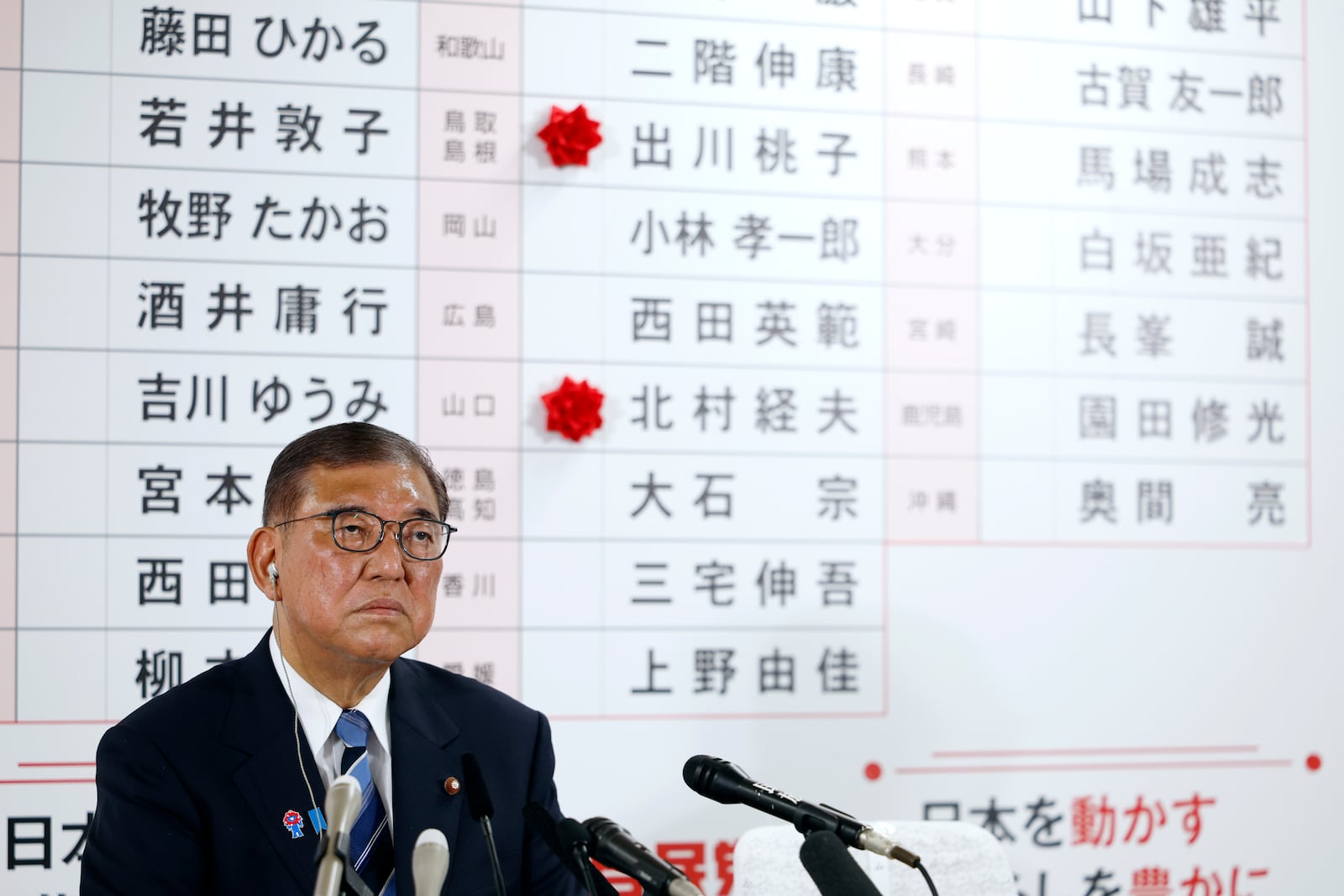 Shigeru Ishiba, Japan's Prime Minister and president of the ruling Liberal Democratic Party (LDP) meets the media at the LDP headquarters in Tokyo, Sunday, July 20, 2025. (Franck Robichon, Pool Photo via AP)