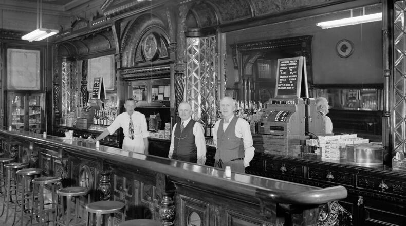A view of the bar, circa 1952,  built for the Pony House Restaurant in 1882 by woodworkers for Dayton's Barney & Smith Car Company. PHOTO: DAYTON HISTORY
