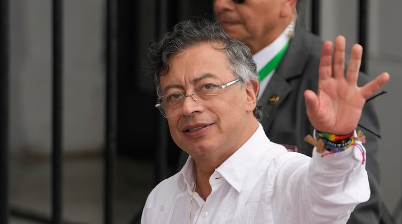 FILE - Colombian President Gustavo Petro arrives at the presidential palace in Panama City, Jan. 28, 2026. (AP Photo/Matias Delacroix, File)