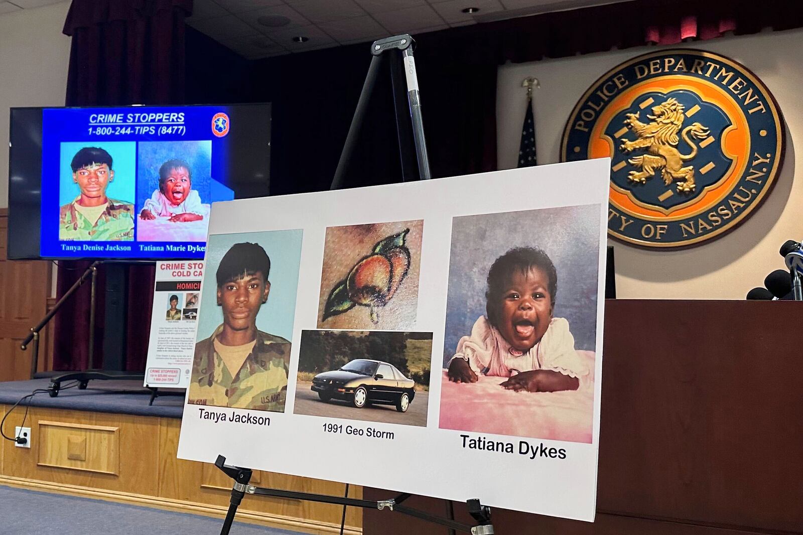 Nassau County police and prosecutors display photos of Tanya Jackson and Tatiana Dykes, whose remains were found near Long Island's Gilgo Beach, during a news conference, Wednesday, April 23, 2025, in Mineola, N.Y. (AP Photo/Philip Marcelo)