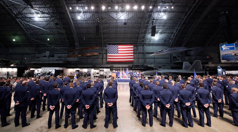 National Air and Space Intelligence Center (NASIC) airmen stand at parade rest during a NASIC change of command ceremony at the National Museum of the U.S. Air Force in April 2018. TY GREENLEES / STAFF