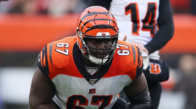 CLEVELAND, OHIO - DECEMBER 08: John Miller #67 of the Cincinnati Bengals plays against the Cleveland Browns at FirstEnergy Stadium on December 08, 2019 in Cleveland, Ohio. (Photo by Gregory Shamus/Getty Images)