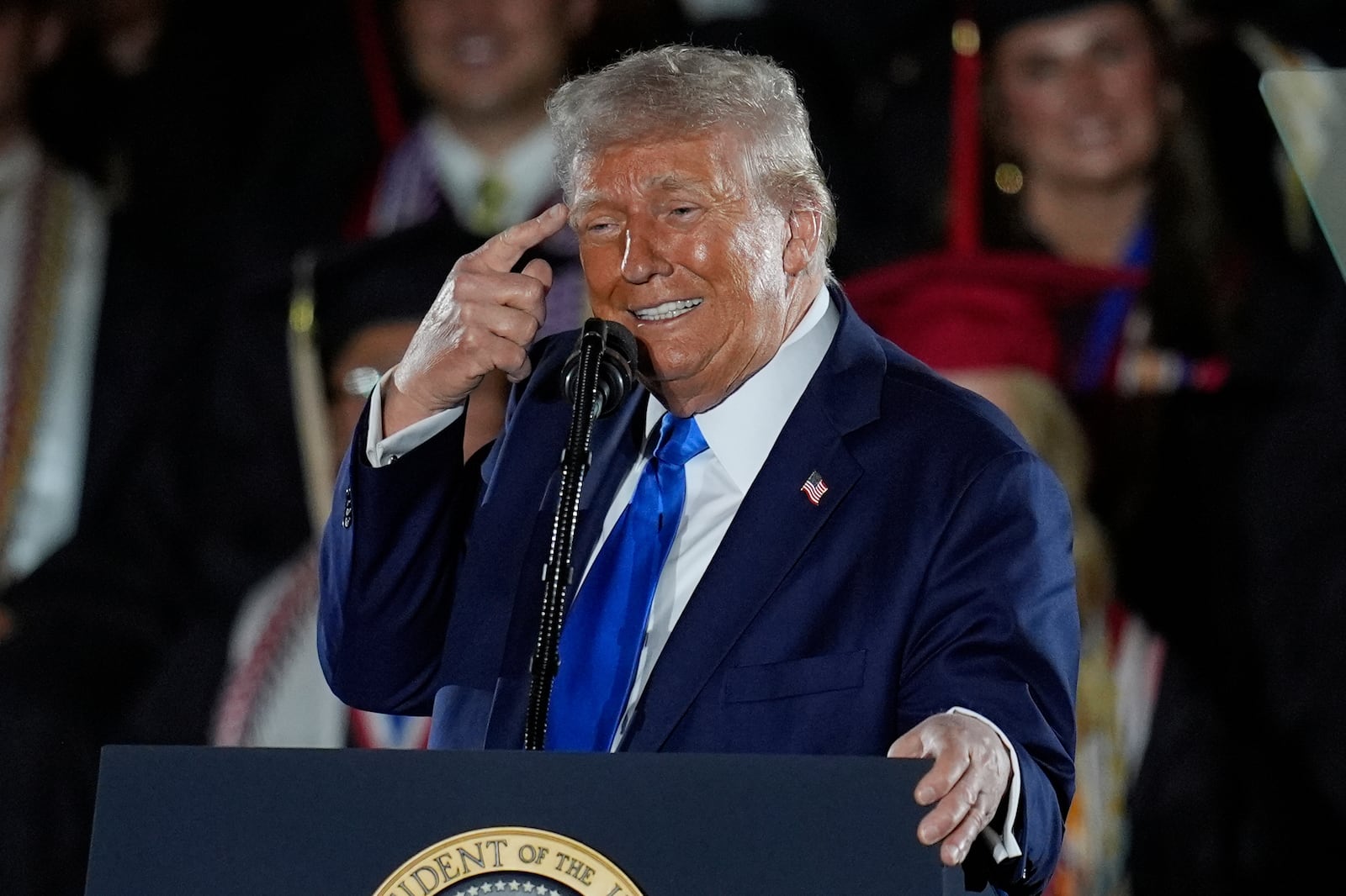 President Donald Trump gives a commencement address at the University of Alabama, Thursday, May 1, 2025, in Tuscaloosa, Ala. (AP Photo/Mike Stewart)