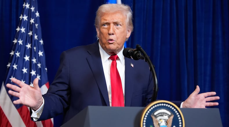 President Donald Trump speaks during a news conference with Israel's Prime Minister Benjamin Netanyahu at Mar-a-Lago, Monday, Dec. 29, 2025, in Palm Beach, Fla. (AP Photo/Alex Brandon)