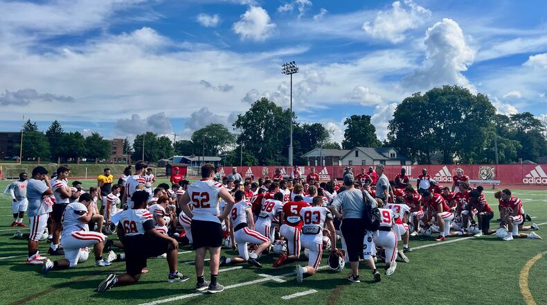 Wittenberg's Jim Collins talks to the team after practice on Thursday, Aug. 18, 2022, at Edwards-Maurer Field in Springfield. David Jablonski/Staff