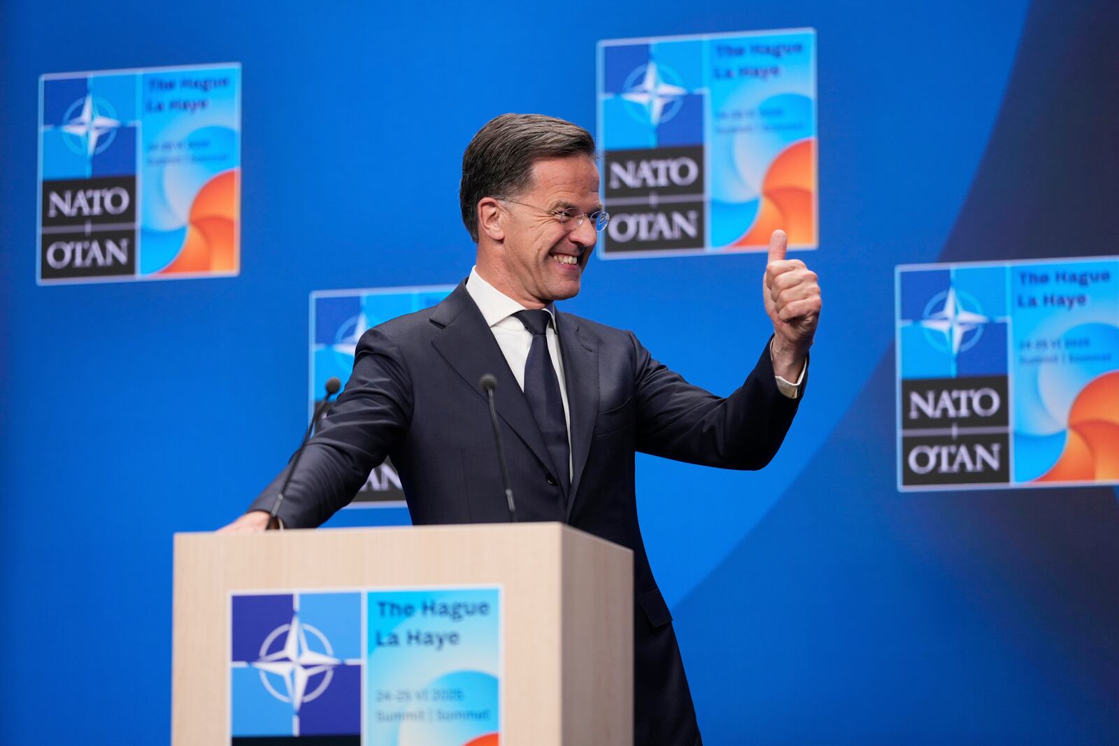 NATO Secretary General Mark Rutte speaks during a media conference at the NATO summit in The Hague, Netherlands, Wednesday, June 25, 2025. (AP Photo/Matthias Schrader)
