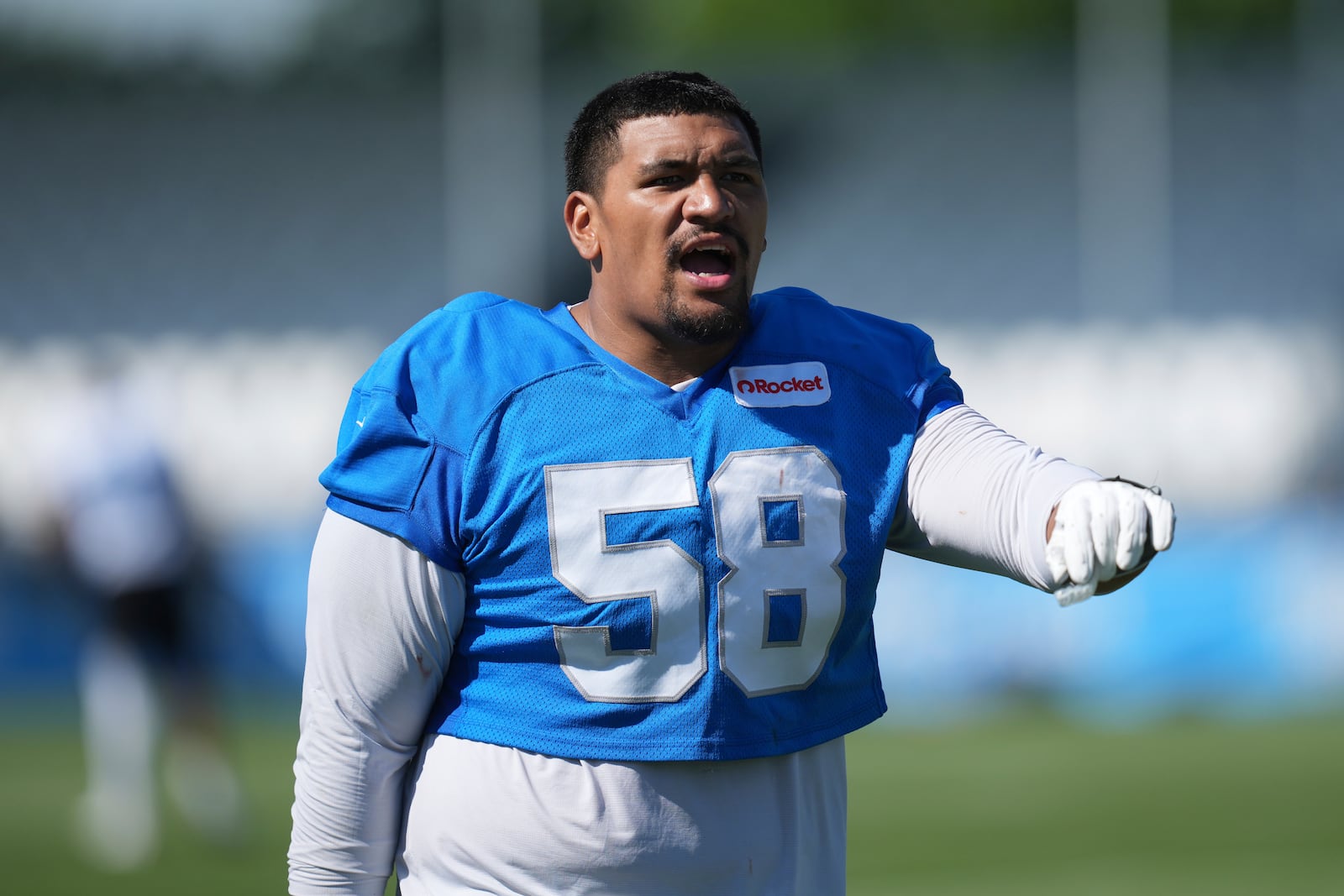 Detroit Lions offensive tackle Penei Sewell (58) walks off the field after an NFL football practice in Allen Park, Mich., Tuesday, July 22, 2025. (AP Photo/Paul Sancya)