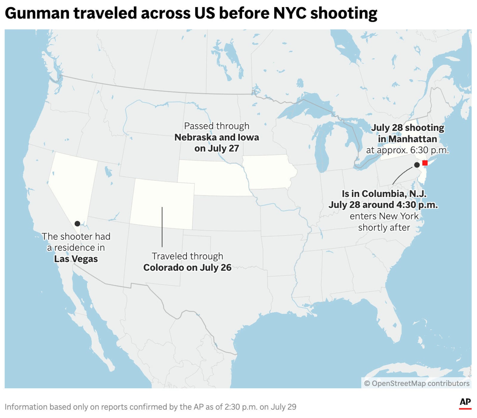 The map above highlights confirmed travels of the gunman who carried out a deadly shooting in a midtown Manhattan office building. (AP Graphic)