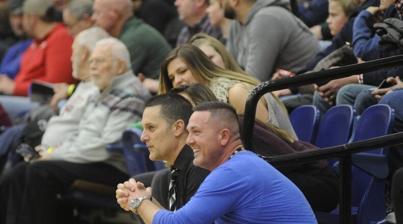 Flyin’ creator Eric Horstman (left). Prolific Prep (Calif.) defeated IMG Academy (Fla.) 75-71 in the 16th annual Premier Health Flyin’ to the Hoop at Trent Arena in Kettering on Sat., Jan. 13, 2018. MARC PENDLETON / STAFF
