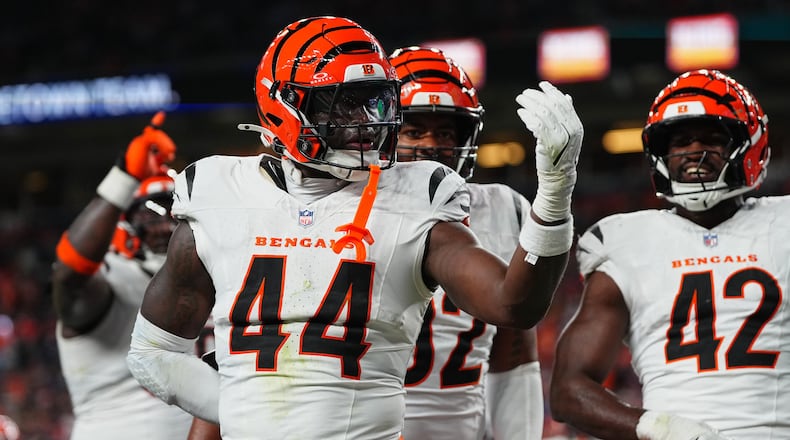 Cincinnati Bengals linebacker Demetrius Knight Jr. (44) reacts after making an interception against the Denver Broncos during the first half of an NFL football game Monday, Sept. 29, 2025, in Denver. (AP Photo/Jack Dempsey)
