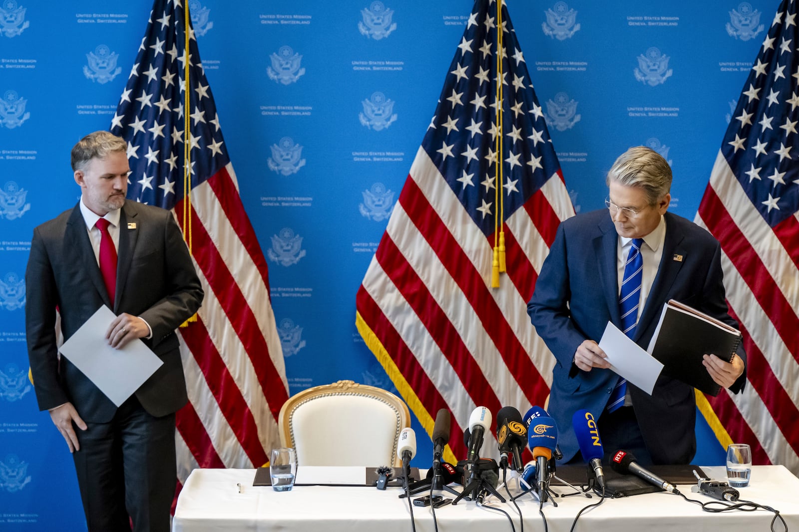 U.S .Trade Representative Jamieson Greer, left, and U.S. Secretary of the Treasury Scott Bessent take part in a press conference after two days of closed-door discussions on trade between the United States and China, in Geneva, Switzerland, Monday, May 12, 2025. (Jean-Christophe Bott/Keystone via AP)