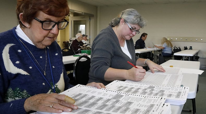 Pat Golden, left, and Sherri Dunsmuir count ballots by hand on Dec. 15 during the election audit at the Clark County Board of Elections. Bill Lackey/Staff