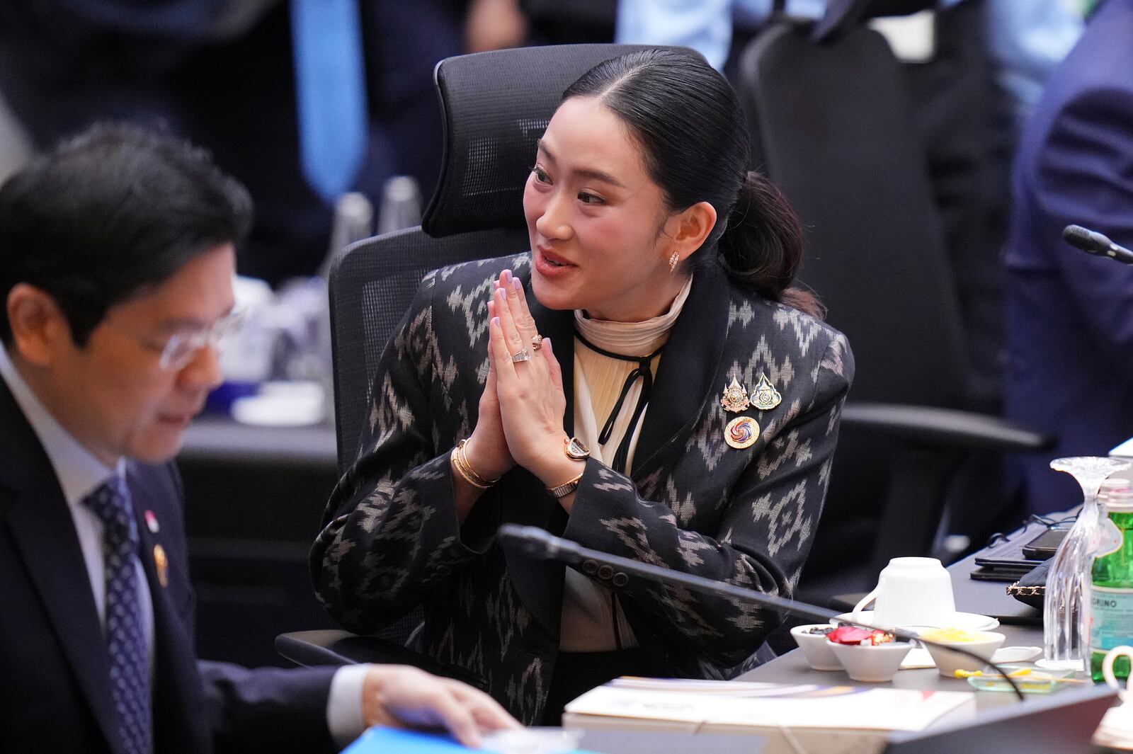 Thailand's Prime Minister Paetongtarn Shinawatra gestures as she attends the plenary session at the Association of Southeast Asian Nations (ASEAN) Summit in Kuala Lumpur, Malaysia, Monday, May 26, 2025. (AP Photo/Vincent Thian)