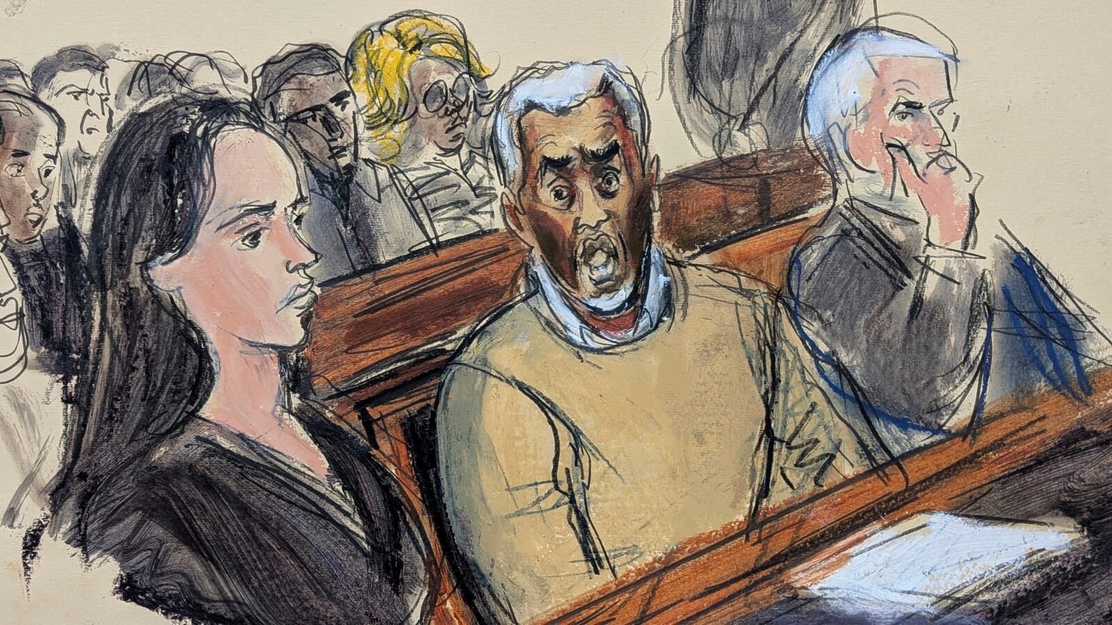 In this courtroom sketch, flanked by defense attorneys Teny Geragos, left, and Brian Steel, right, Sean "Diddy" Combs, center, reacts after he was denied bail on prostitution-related offenses, Wednesday, July 2, 2025, in Manhattan federal court in New York. (Elizabeth Williams via AP)
