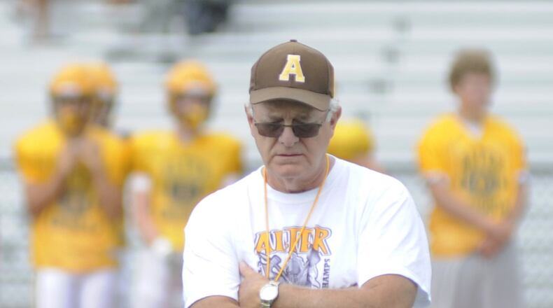 Alter’s Ed Domitz is in his 43rd season as a high school football head coach. Alter participated in a four-way scrimmage at Beavercreek on Sat., Aug. 11, 2018. MARC PENDLETON / STAFF