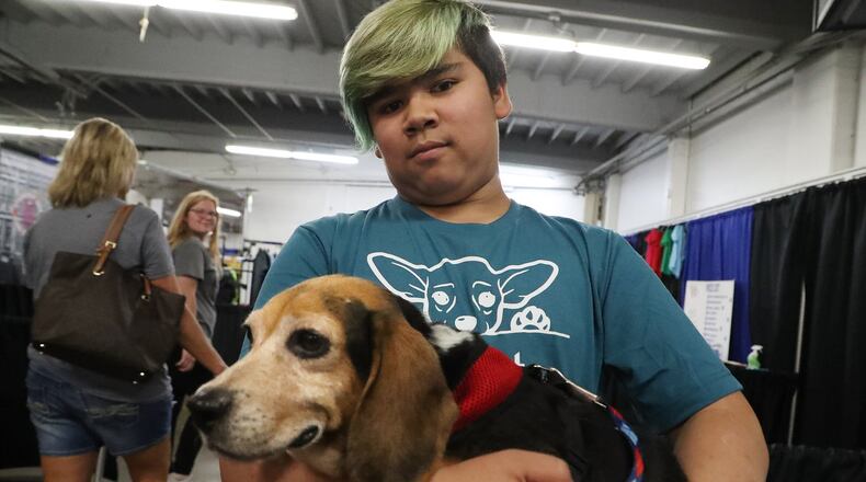 Lukah Stewart carries “Lucy,” a six-year-old beagle, through the Mercantile Building at the Clark County Fair Wednesday. The Clark County Dog Shelter has dogs for adoption at the fair this year and have found several of them homes. BILL LACKEY/STAFF