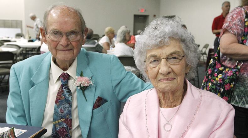 Larry and Sue Skeen were the royal couple at the Golden Wedding Anniversary Party at the Clark County Fair Tuesday. The couple have been married 73 years. Bill Lackey/Staff