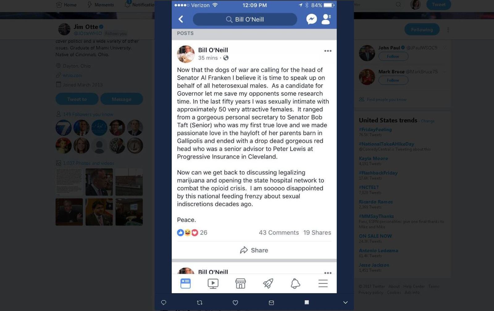 The original Facebook post by Bill O'Neill before he edited it.