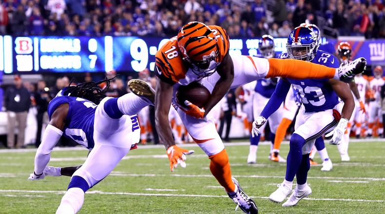 A.J. Green Bengals catches a touchdown pass against Janoris Jenkins Giants during a game at MetLife Stadium on November 14, 2016 in East Rutherford, N.J.