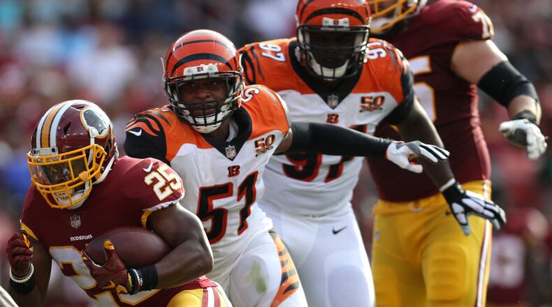 LANDOVER, MD - AUGUST 27: defensive back Fish Smithson #25 of the Washington Redskins rushes past linebacker Kevin Minter #51 of the Cincinnati Bengals in the first half during a preseason game at FedExField on August 27, 2017 in Landover, Maryland. (Photo by Patrick Smith/Getty Images)