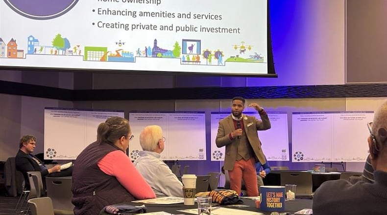 Karlos L. Marshall, co-founder and co-executive director of The Conscious Connect CDC, speaks at the Springfield 2051 Community Summit Tuesday, March 24, 2026 at the Hollenbeck-Bayley Creative Arts and Conference Center. JESSICA OROZCO/STAFF