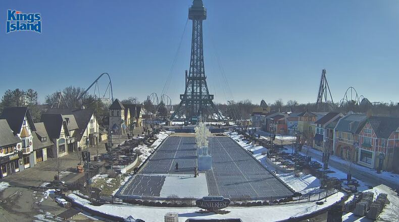 A camera streams what’s happening on Kings Island’s International Street and faces its fountains and the iconic replica Eiffel Tower. CONTRIBUTED