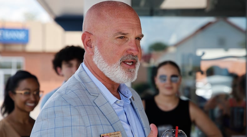 State Representative Bernie Willis speaks during a ribbon cutting ceremony for the new Seven Brew location at the intersection of East Main Street and Belmont Avenue in Springfield Tuesday, July 16, 2024. The new Seven Brew is the first in area. It offers hot and cold coffee drinks as well as energy drinks, milk shakes and smoothies. BILL LACKEY/STAFF