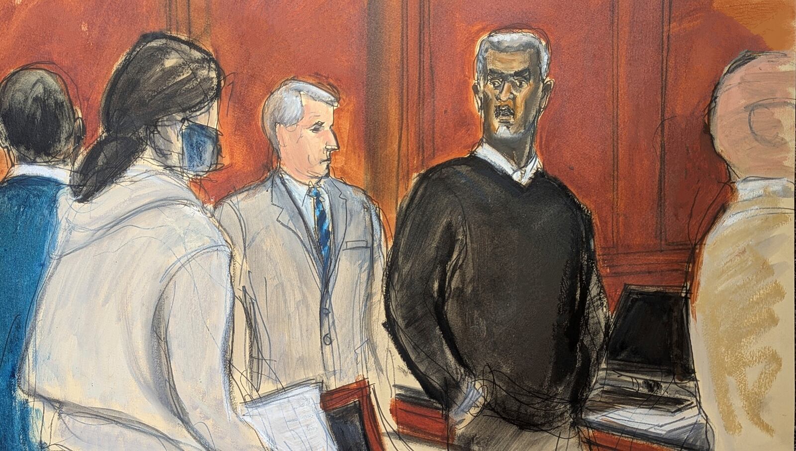 Sean 'Diddy' Combs, right, stands and looks at jurors as they file into the jury box at the start of jury selection at Manhattan federal court, Monday, May 5, 2025, in New York. (Elizabeth Williams via AP)