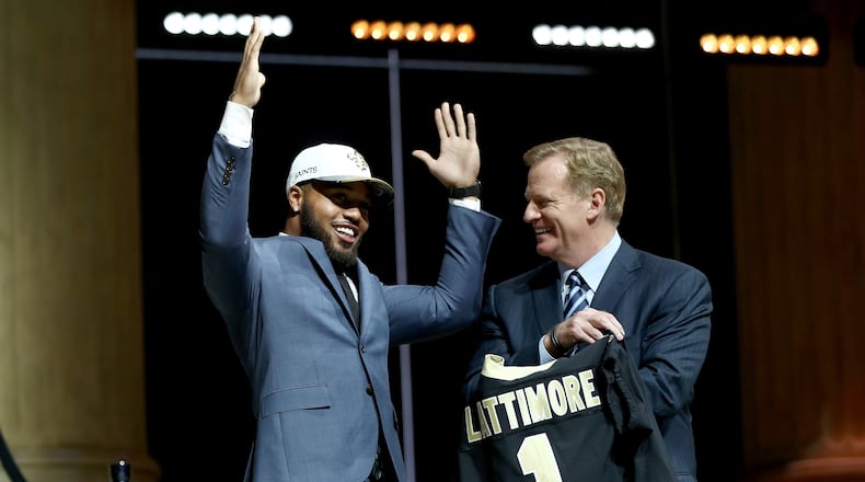 PHILADELPHIA, PA - APRIL 27: Marshon Lattimore of Ohio State reacts with Commissioner of the National Football League Roger Goodell after being picked #11 overall by the New Orleans Saints during the first round of the 2017 NFL Draft at the Philadelphia Museum of Art on April 27, 2017 in Philadelphia, Pennsylvania. (Photo by Elsa/Getty Images)
