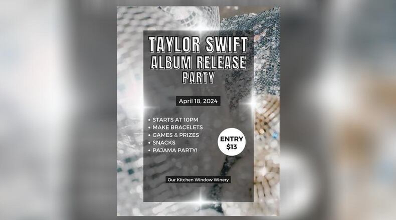 A few events will be held this week in Clark and Champaign Counties, including a Taylor Swift album release party n Thursday at Our Kitchen Window Winery & Home Goods in Urbana. Contributed/Champaign County Events Calendar