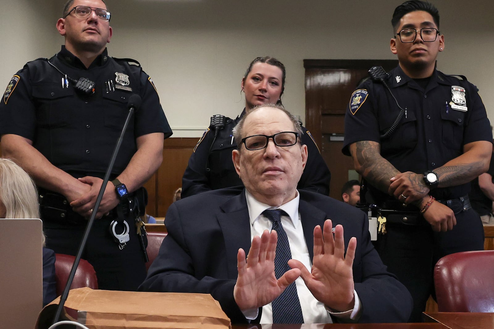 Harvey Weinstein appears in a Manhattan criminal court for his re-trial, Thursday, May 29, 2025, in New York. (Timothy A. Clary/Pool Photo via AP)
