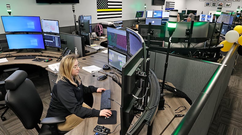 Clark County dispatcher Alexandra Rollins-Gonzalez at work in the new combined Clark County Dispatch Center Tuesday, Feb. 28, 2023. BILL LACKEY/STAFF