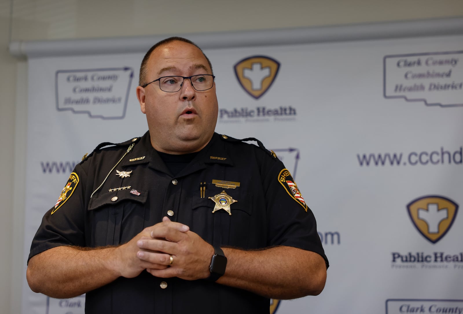 Sheriff Chris Clark, of the Clark County Sheriff's Office, speaks during a press conference held by the Clark County Combined Health District to honor the annual campaign to discourage impaired driving on Friday, Aug. 22, 2025, at the Clark County Combined Health District Main Conference Room. JOSEPH COOKE/STAFF