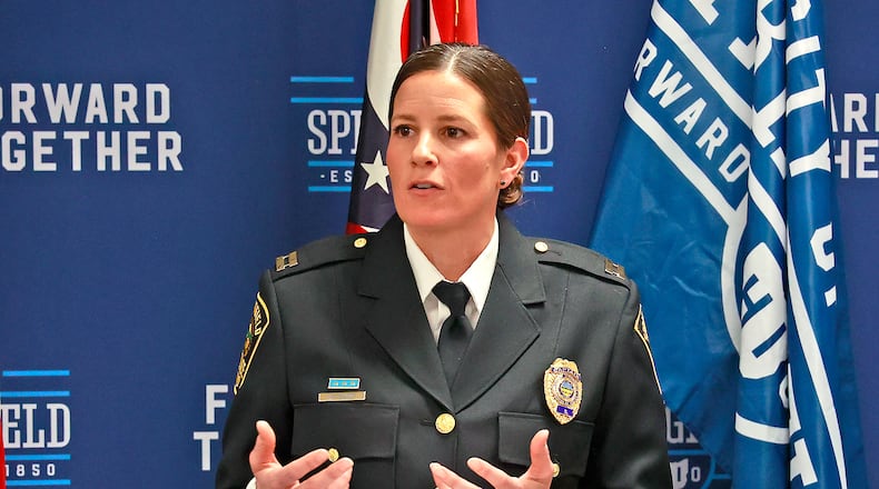 Capt. Allison Elliott, the new Springfield Police Chief, speaks during a press conference announcing her position Monday, Dec. 19, 2022 during a press conference at City Hall. BILL LACKEY/STAFF