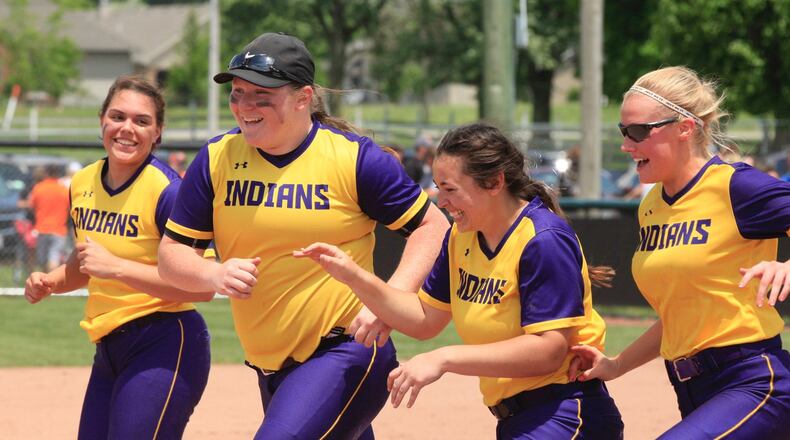 Mechanicsburg celebrates after a victory against Minster in a Division IV regional final on Saturday, May 25, 2019, at Greenville. David Jablonski/Staff