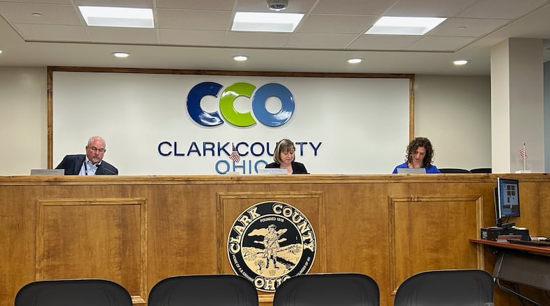 Clark County Commissioners Charles Patterson, Sasha Rittenhouse and Melanie Flax Wilt during the April 9, 2025 meeting. Brooke Spurlock/Staff
