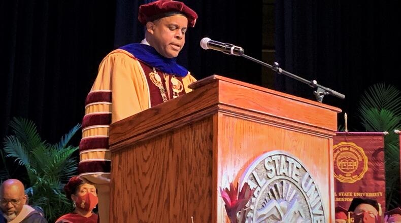 Central State University President Jack Thomas speaks during his investiture Friday. LONDON BISHOP/STAFF