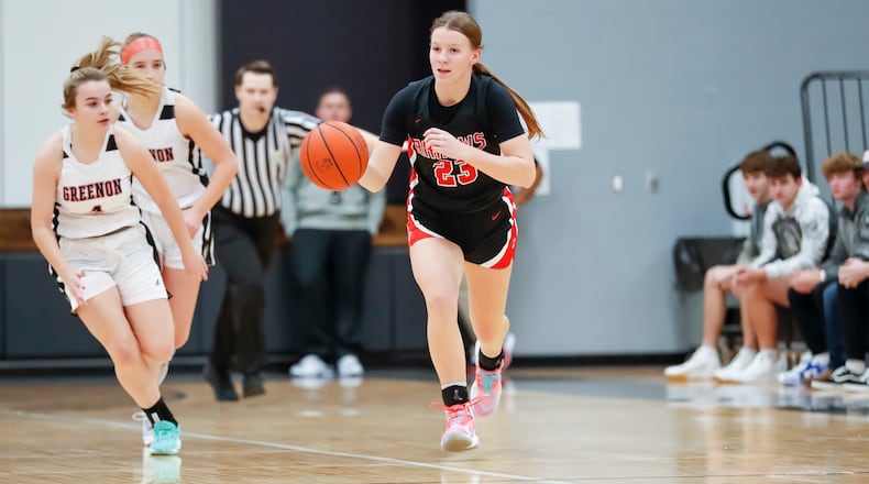 Tecumseh High School senior Gabrielle Russell dribbles the ball up the floor during their game against Greenon earlier this season. Michael Cooper/CONTRIBUTED