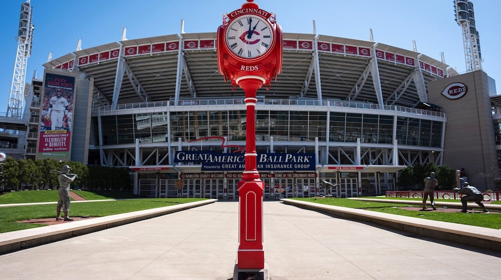 A clock donated by former Cincinnati Reds player Joey Votto is seen outside of the stadium just ahead of Opening Day 2026. CONTRIBUTED