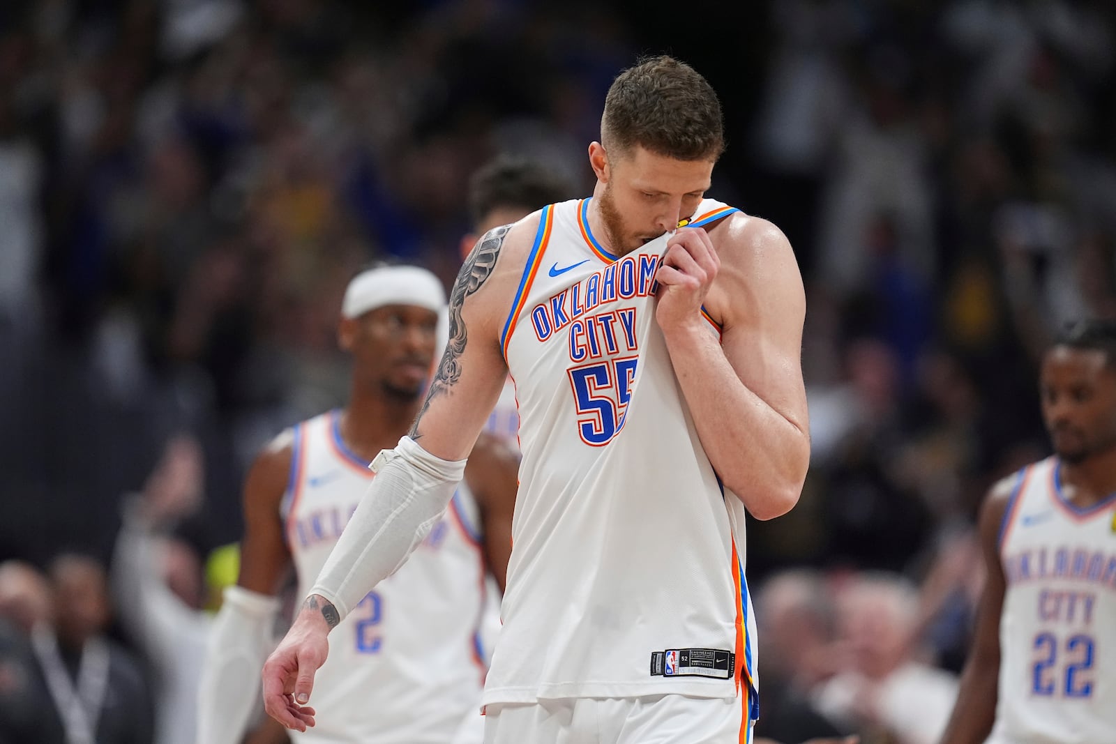 Oklahoma City Thunder center Isaiah Hartenstein reacts as time runs out in overtime of Game 3 in the Western Conference semifinals of the NBA basketball playoffs against the Denver Nuggets Friday, May 9, 2025, in Denver. (AP Photo/David Zalubowski)