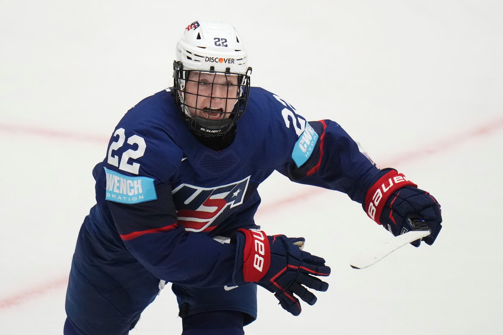 United States' Tessa Janecke celebrates after scoring a sudden death goal in overtime during the gold medal match between Canada and United States at the Women's Ice Hockey Championships in Ceske Budejovice, Czech Republic, Sunday, April 20, 2025. (AP Photo/Petr David Josek)